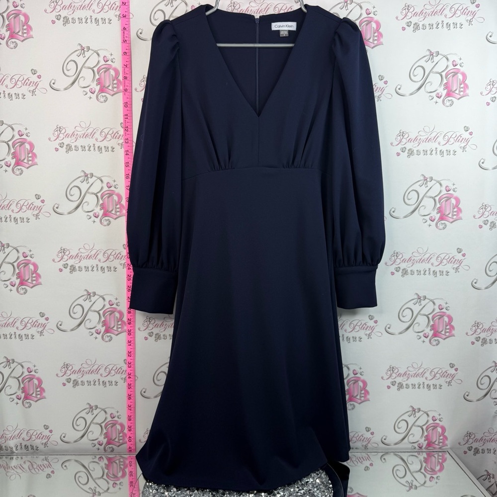 Calvin Klein dress Dark blue Navy V-Neck Midi Dress with Puff Sleeves puff